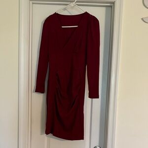Women's Long Sleeve V-Neck Ruched Dress in Burgundy